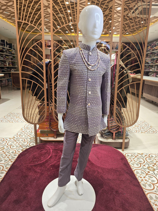 Lavender Tuton Fabric Indo Western Set with Sequin Embroidery, Traditional Buttons & Maala Accessory