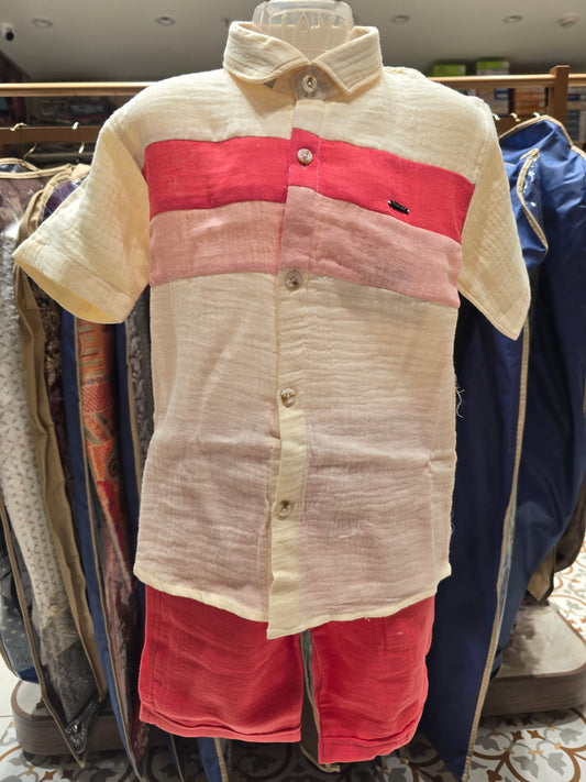 Boys Imported Fabric Summer Set in Beige Base with Folded Full Sleeve Shirt and Pink Shorts for Casual and Party Wear