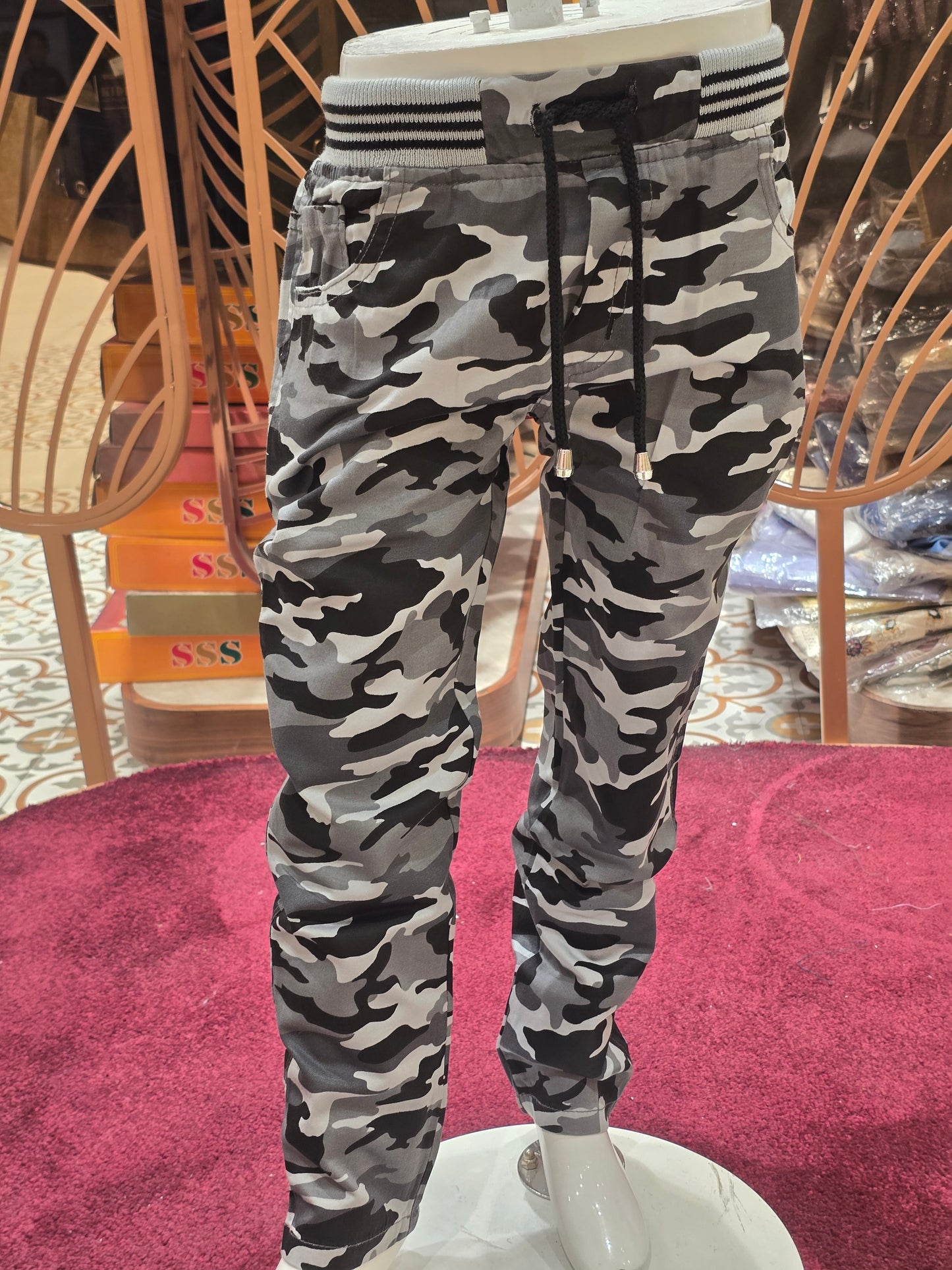 Black and Grey Lycra Cotton Military Pants for Boys with Four Pocket Design and Round Elastic Waistband