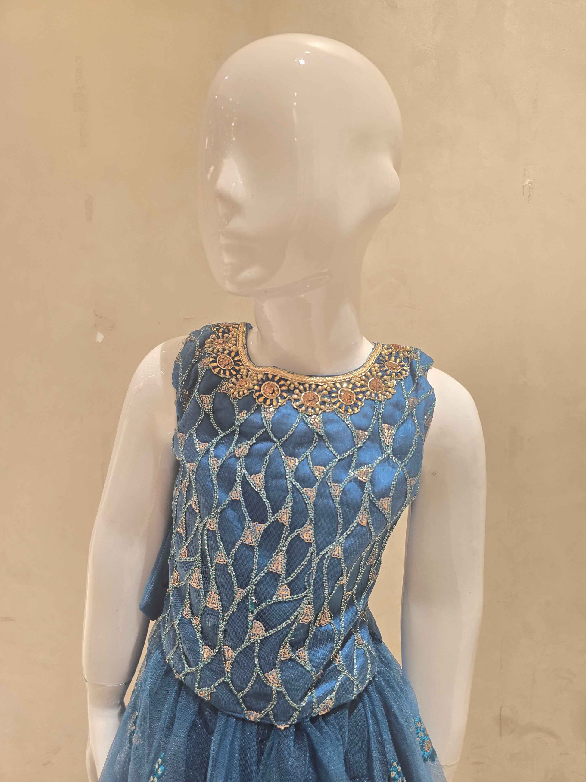 Teal Blue Knitted Ghagra Choli for Girls