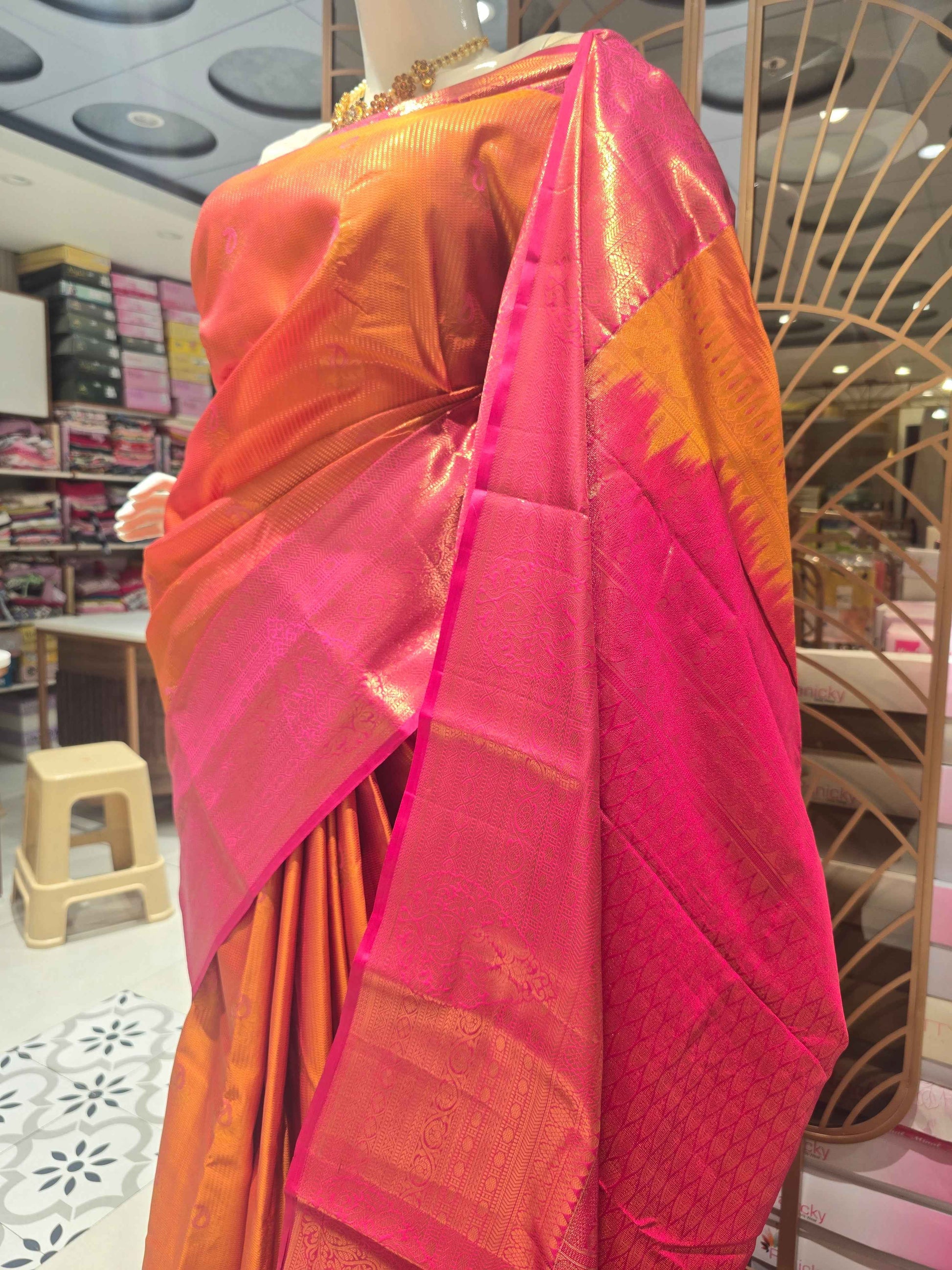 Semi kanjivaram silk saree , double strips wifh mango motifs and rich pallu
