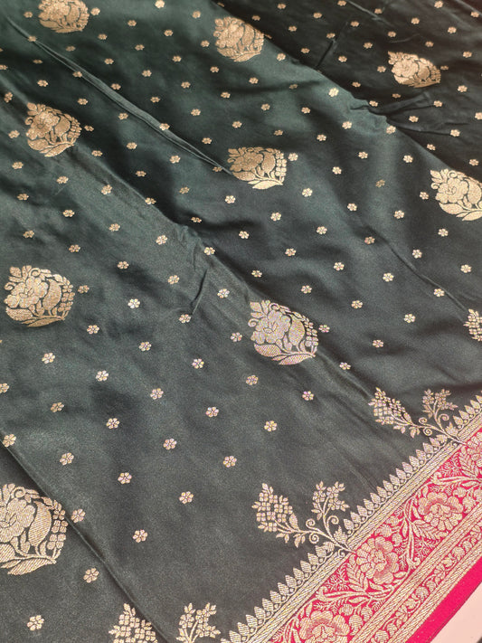 Satin Banarasi Saree with Jari Butta, Rich Pallu & Contrast Blouse | Festive & Traditional Wear