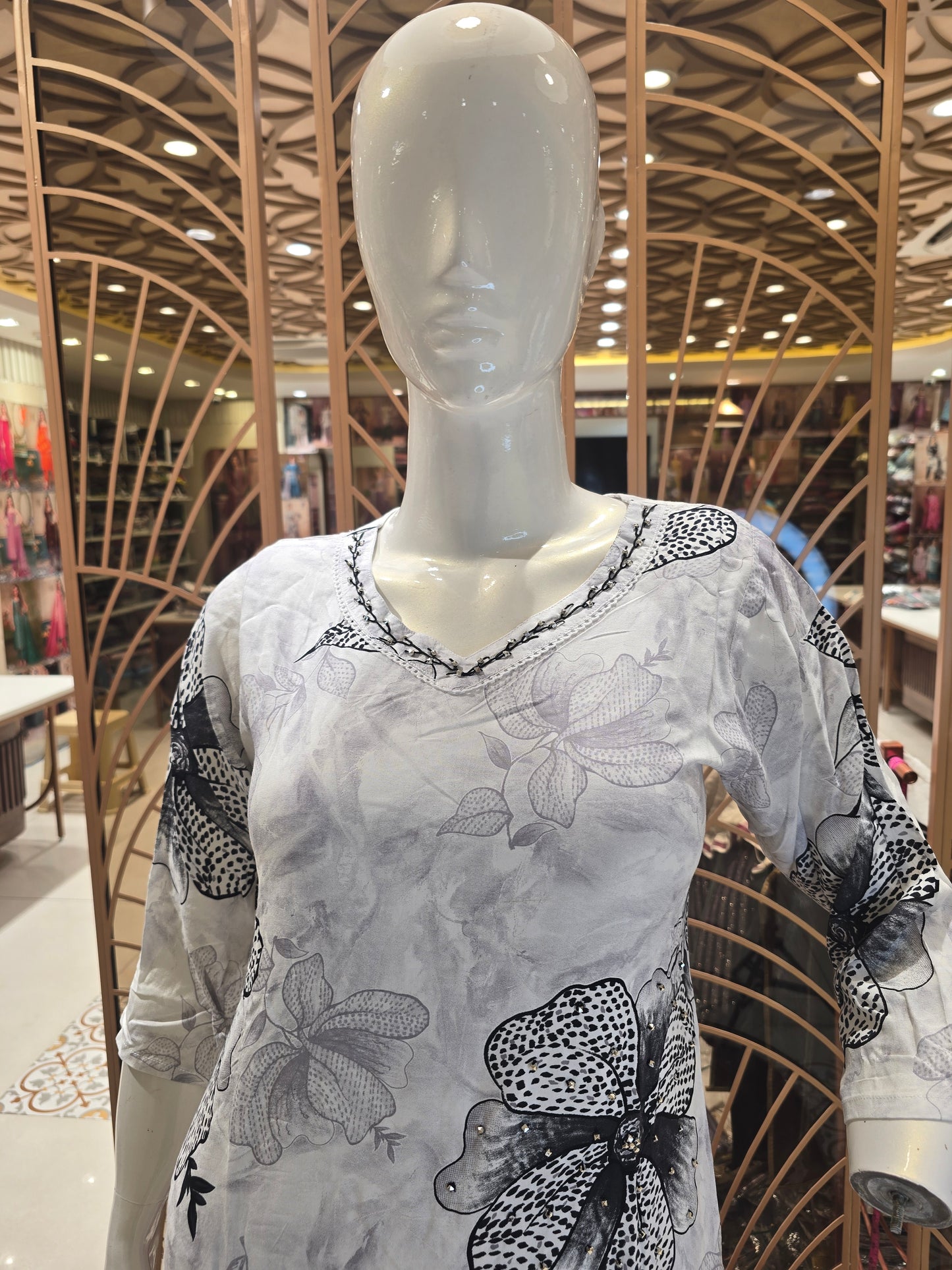 White Cotton Printed Kurti Set for Women with Grey Floral Design, Straight Fit and Three-Quarter Sleeves