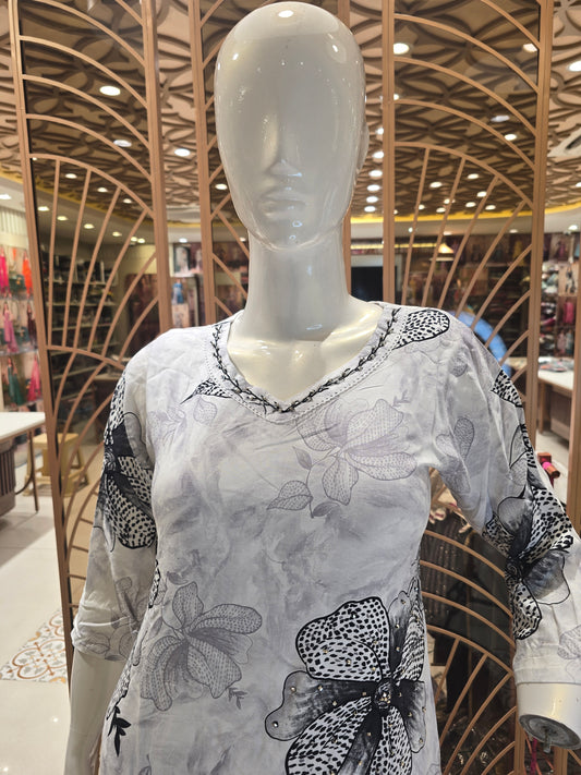 White Cotton Printed Kurti Set for Women with Grey Floral Design, Straight Fit and Three-Quarter Sleeves