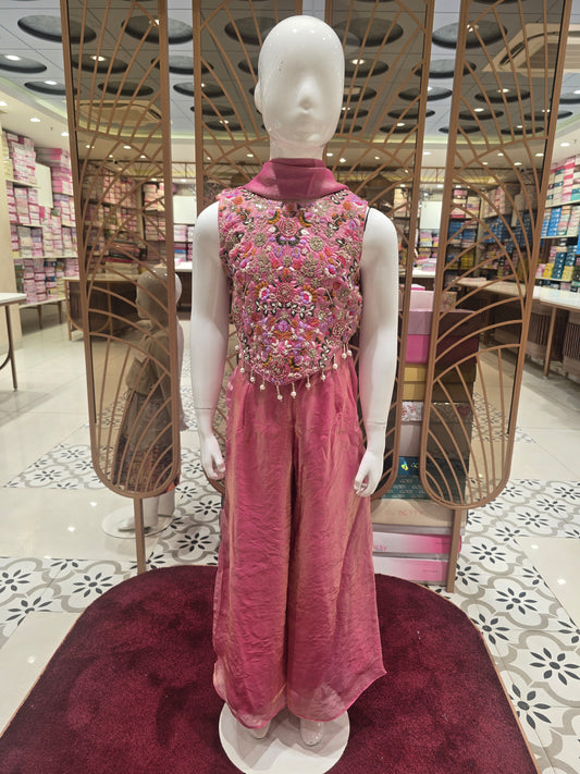 Dual Pink Shade Organza Indo Western Set for Girls with Crook Top, Ladkan Beads & Embroidery – 3 Piece Ethnic Wear