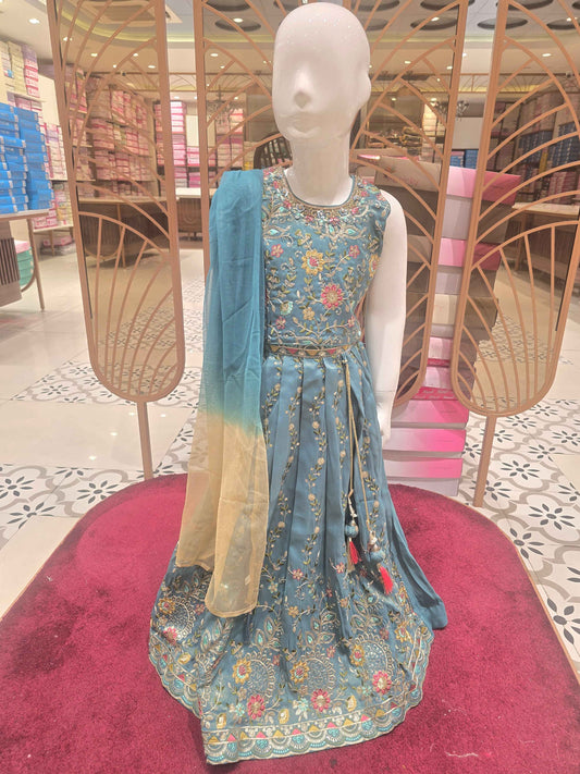 Crepe material blue colour gaghra choli with embroidery work