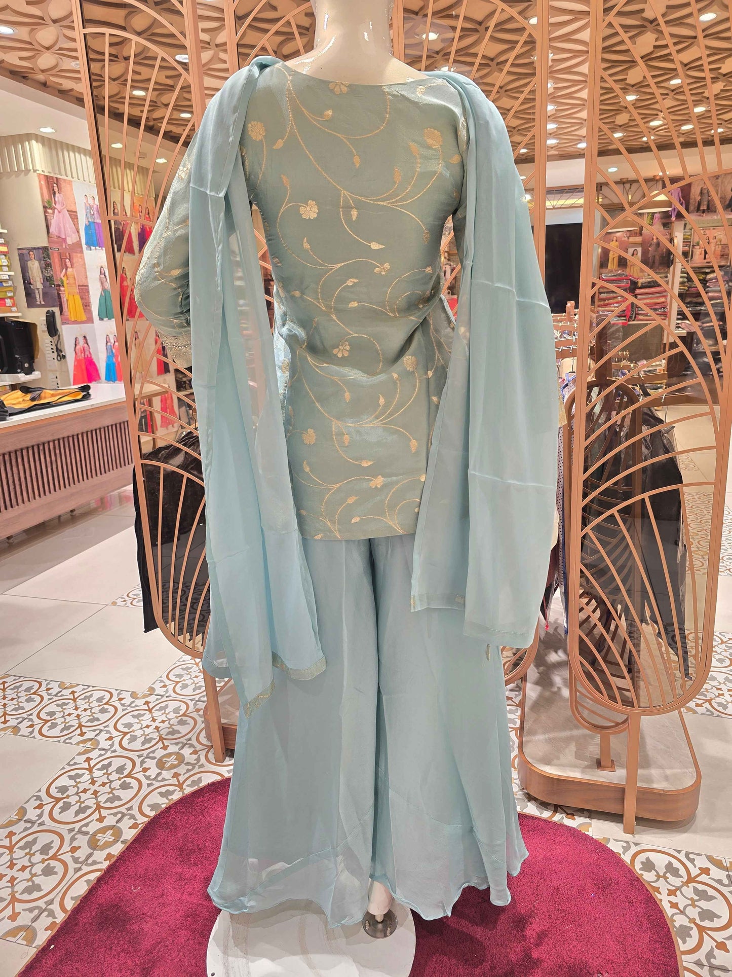 Georgette Material sky blue colour plazo kurti set with slit cut top