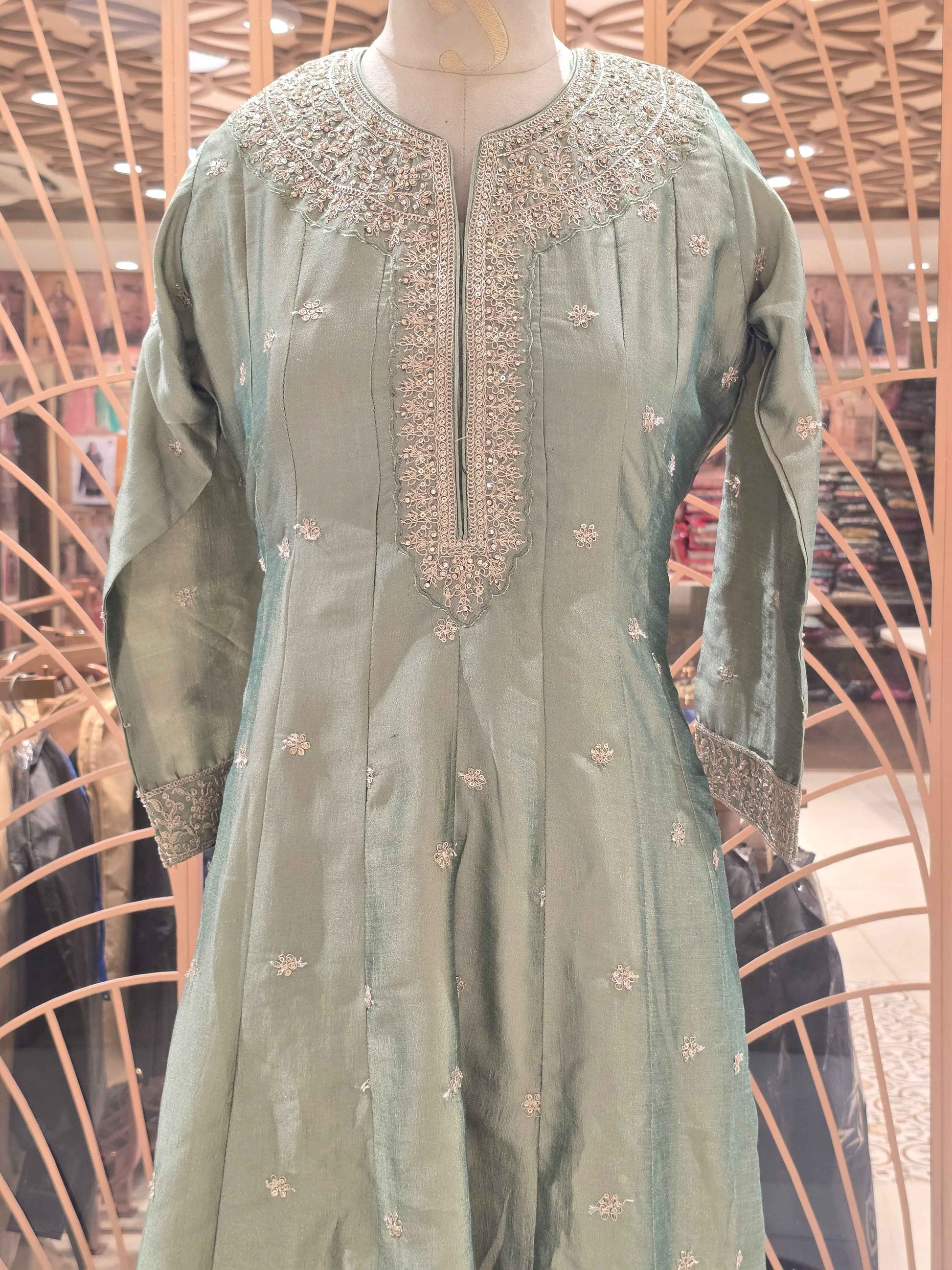 Silk mix Material pista green color Anarkali full sleeve kurta set