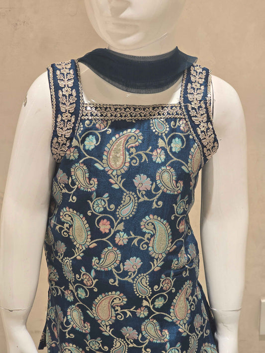 Printed crepe material teel blue colour sharara set for girl