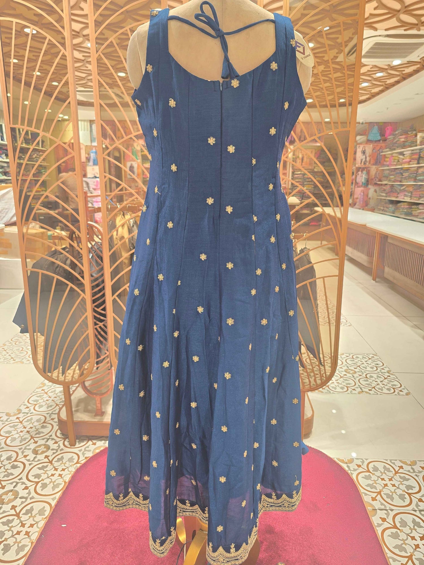 Crepe material peacock blue color Anarkali kurta set with grand neck