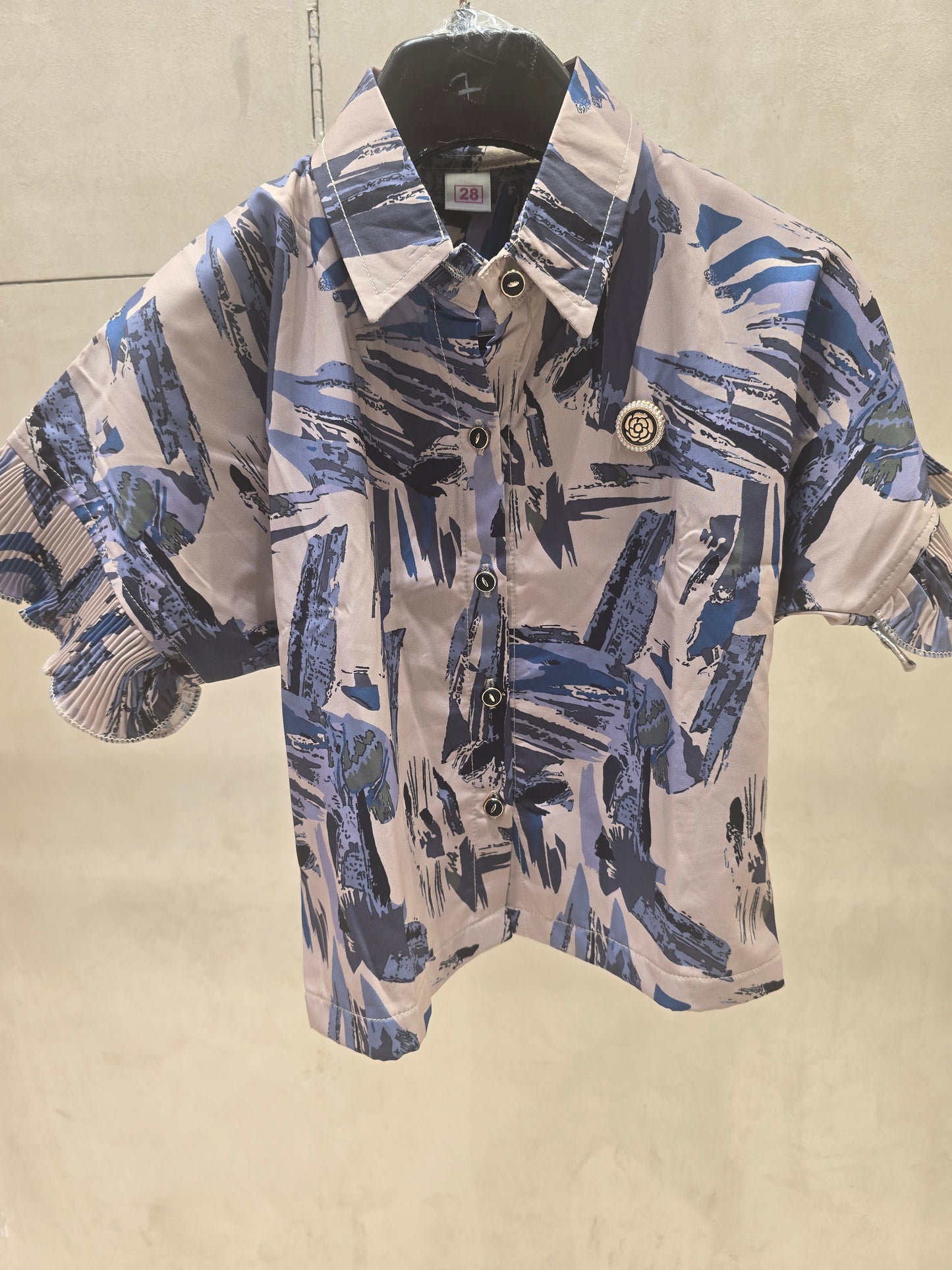 Girl Cream Blue Printed Satin Western Shirt