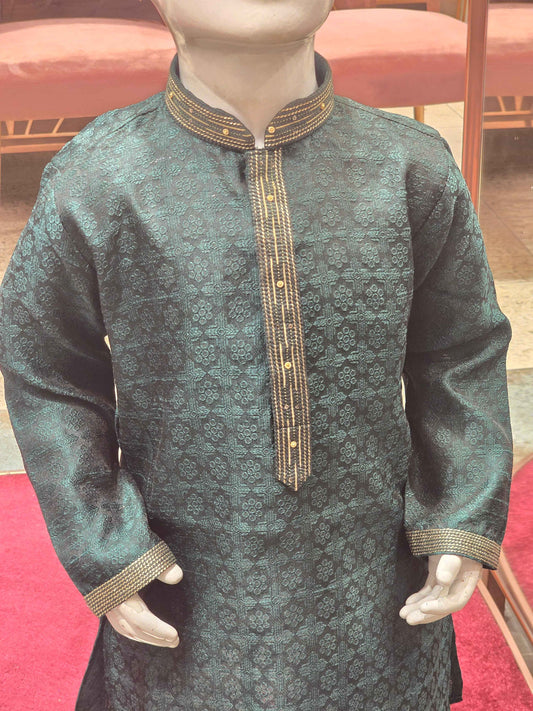 Chanderi silk material bottle green color kurta set wuth color neck