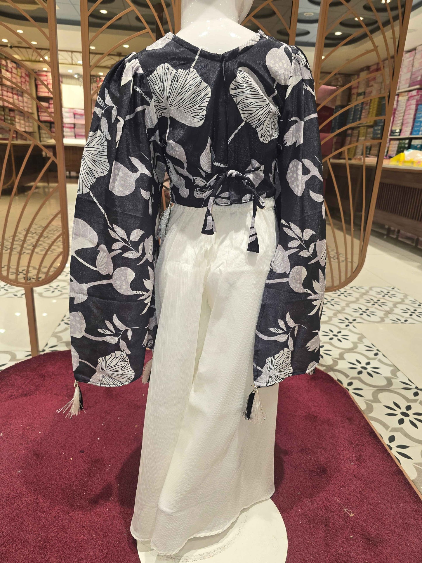 Crepe material black & white colour western plazo sets with floral prints & bell sleeves and dual colour dupatta