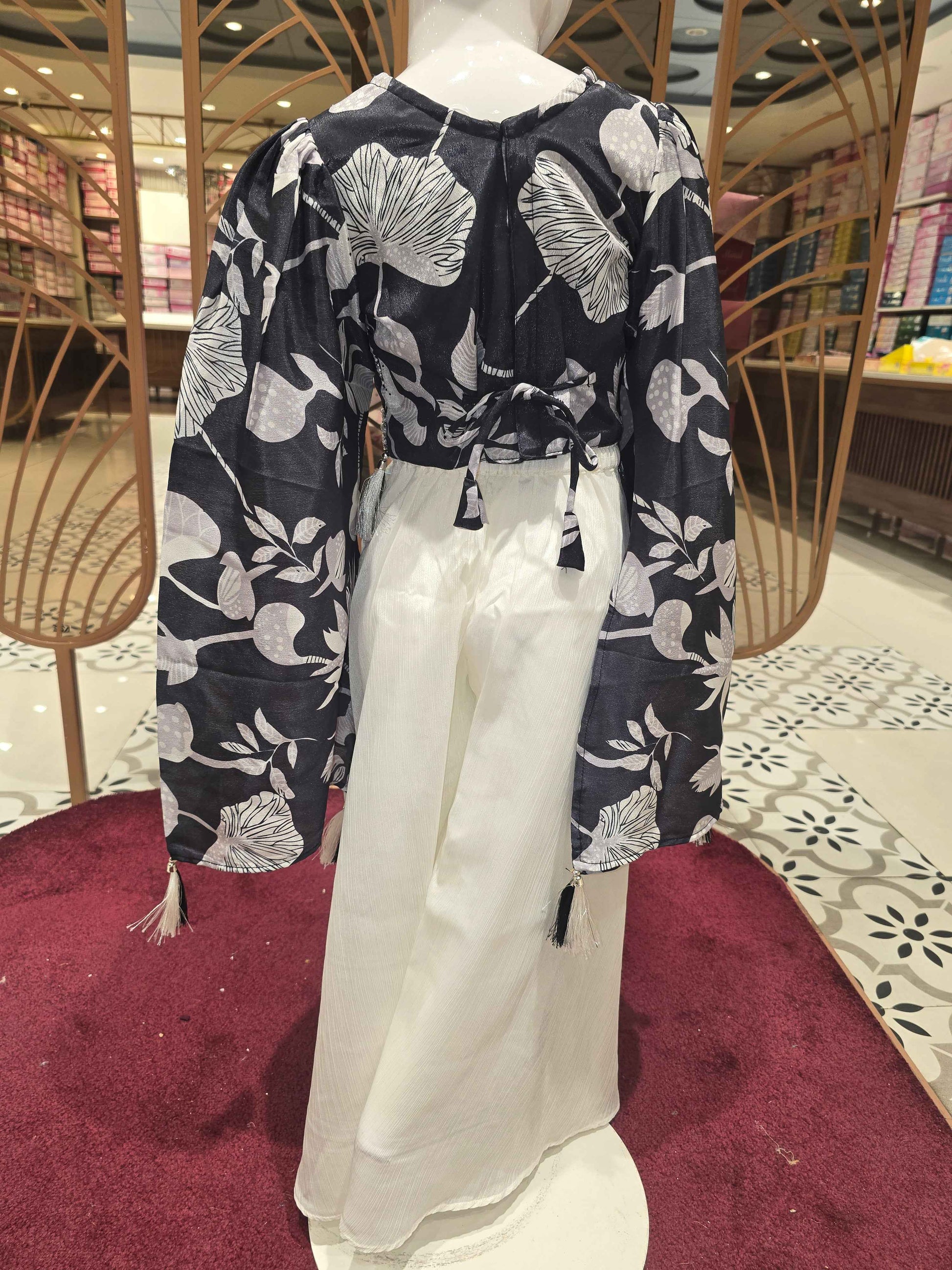 Crepe material black & white colour western plazo sets with floral prints & bell sleeves and dual colour dupatta