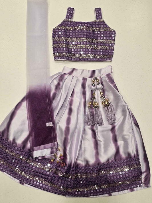 three-piece girls' lehenga choli set purple and lavender