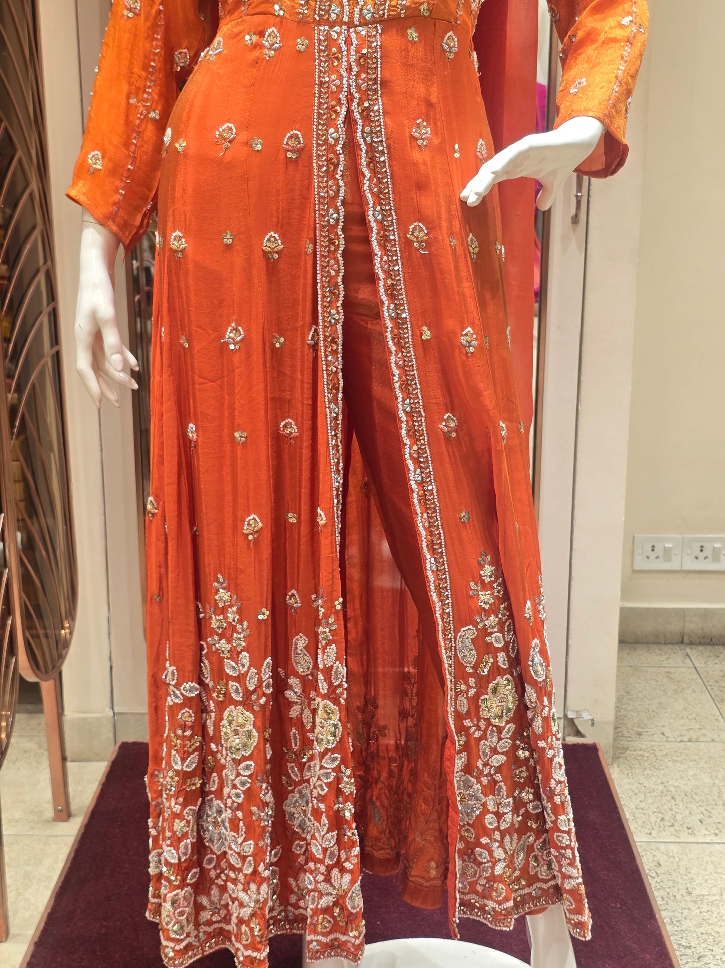 Tissue silk material orange color indo western set with full