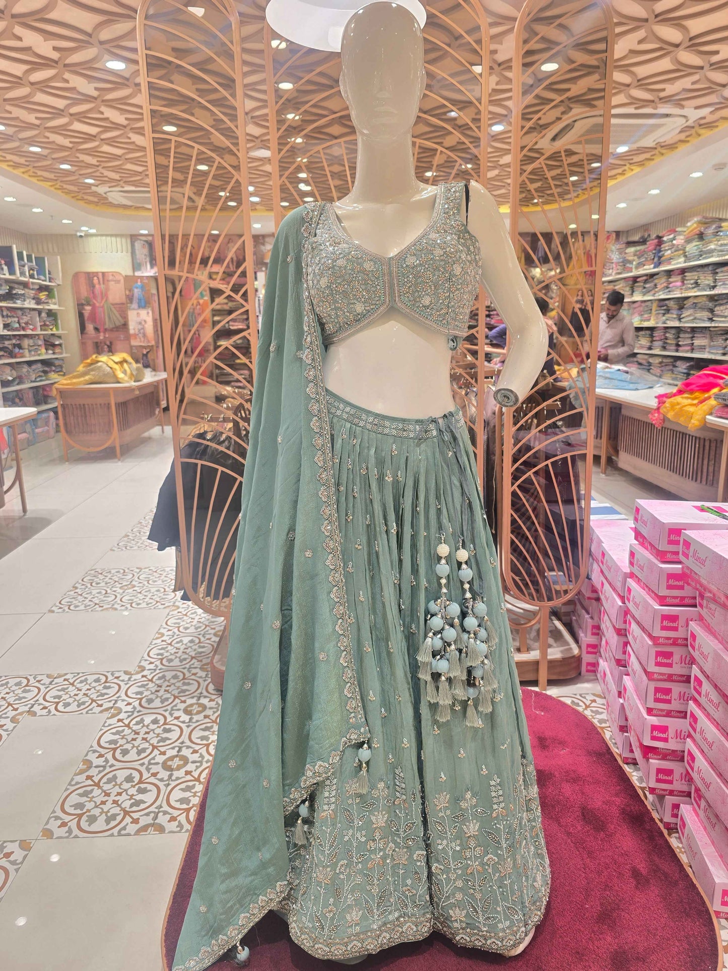 Women Pista Green Tissue Silk Bridal Lehenga Set