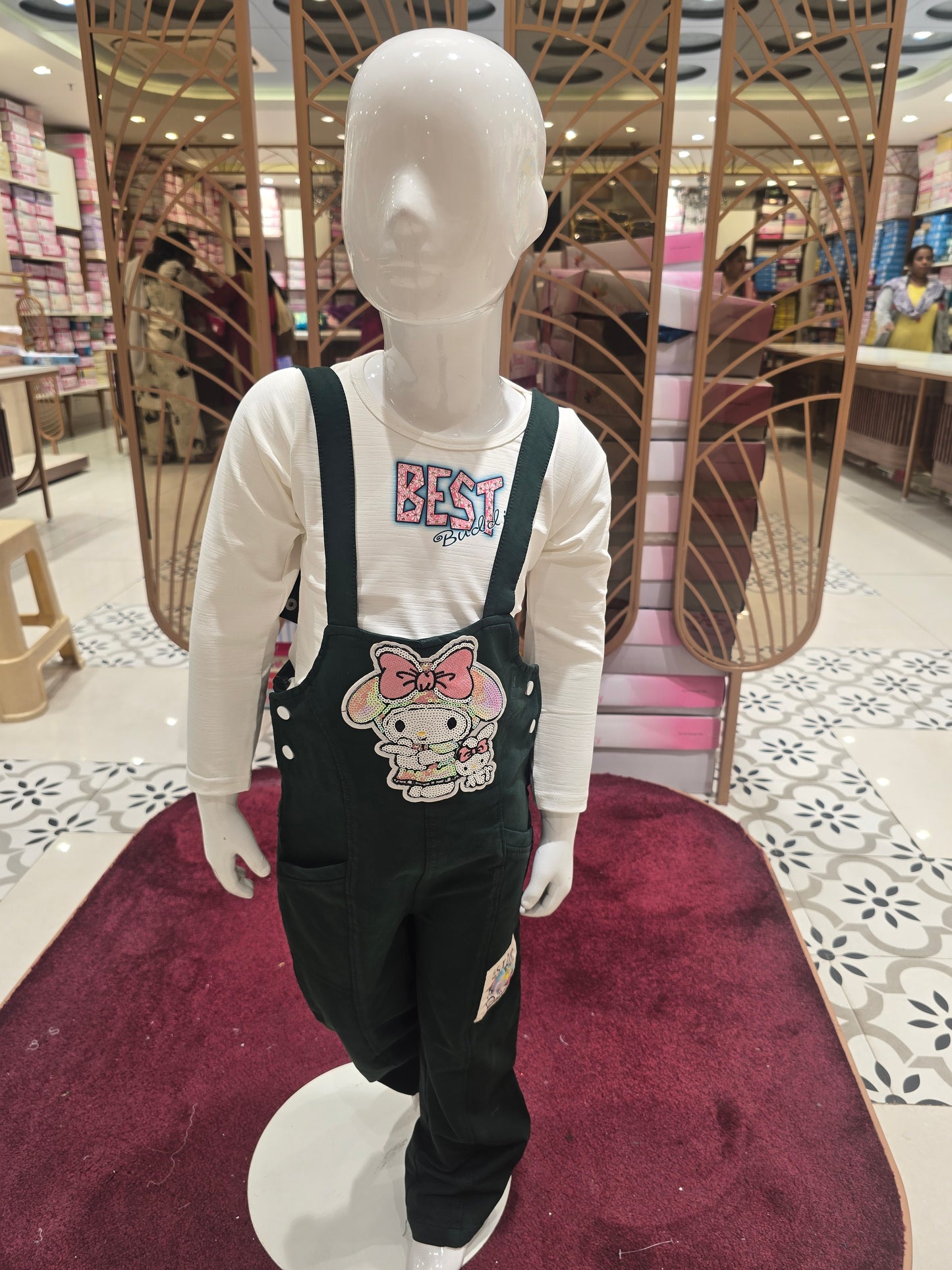 Bottle Green Cycra Cotton Western 3-Piece Set for Girls – White Dangri & Doll Printed Sequin Full Sleeve Top