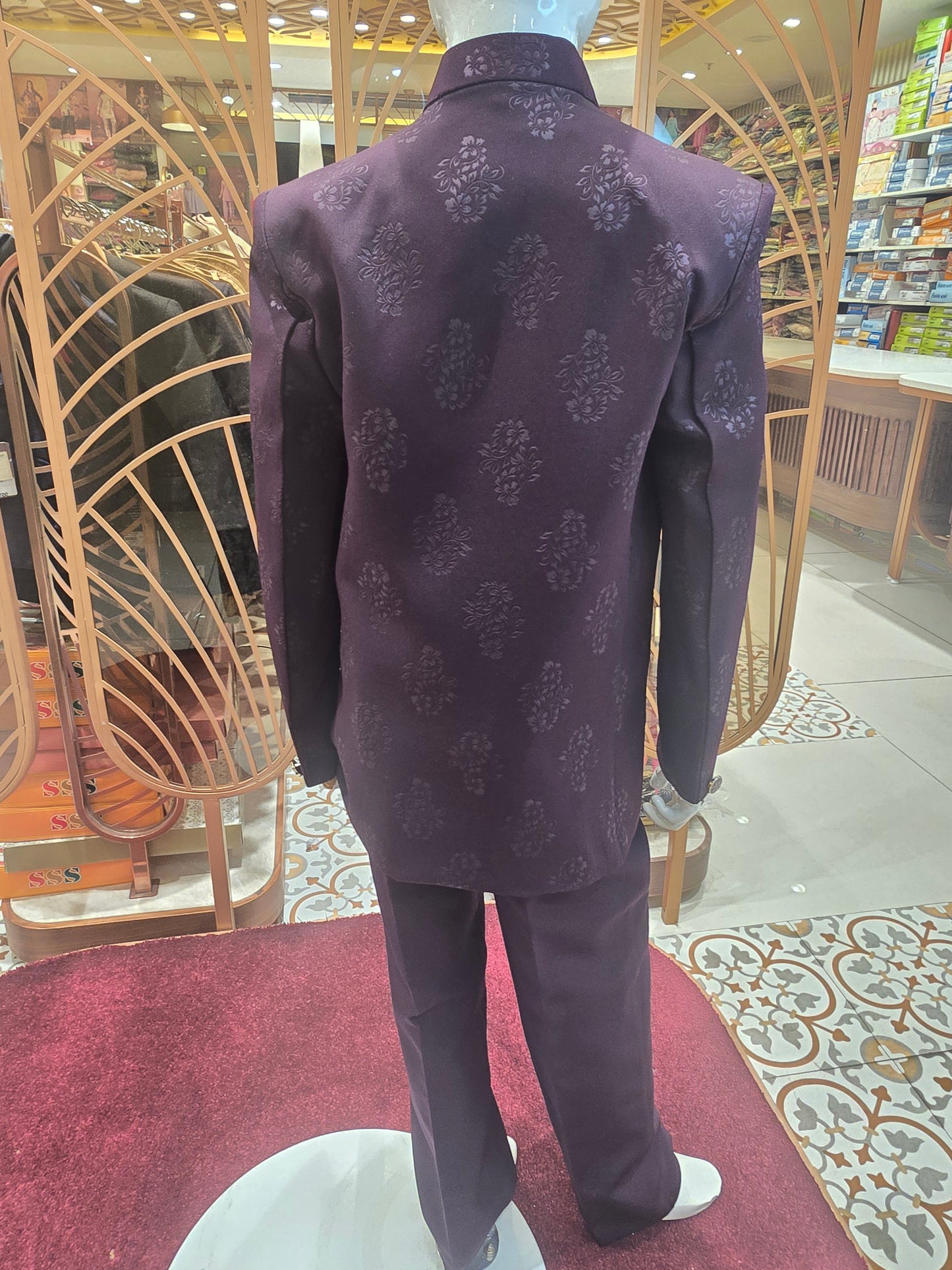 Wine Colored Satin Silk Indo-Western Suit with Position Prints and Stylish Brooch