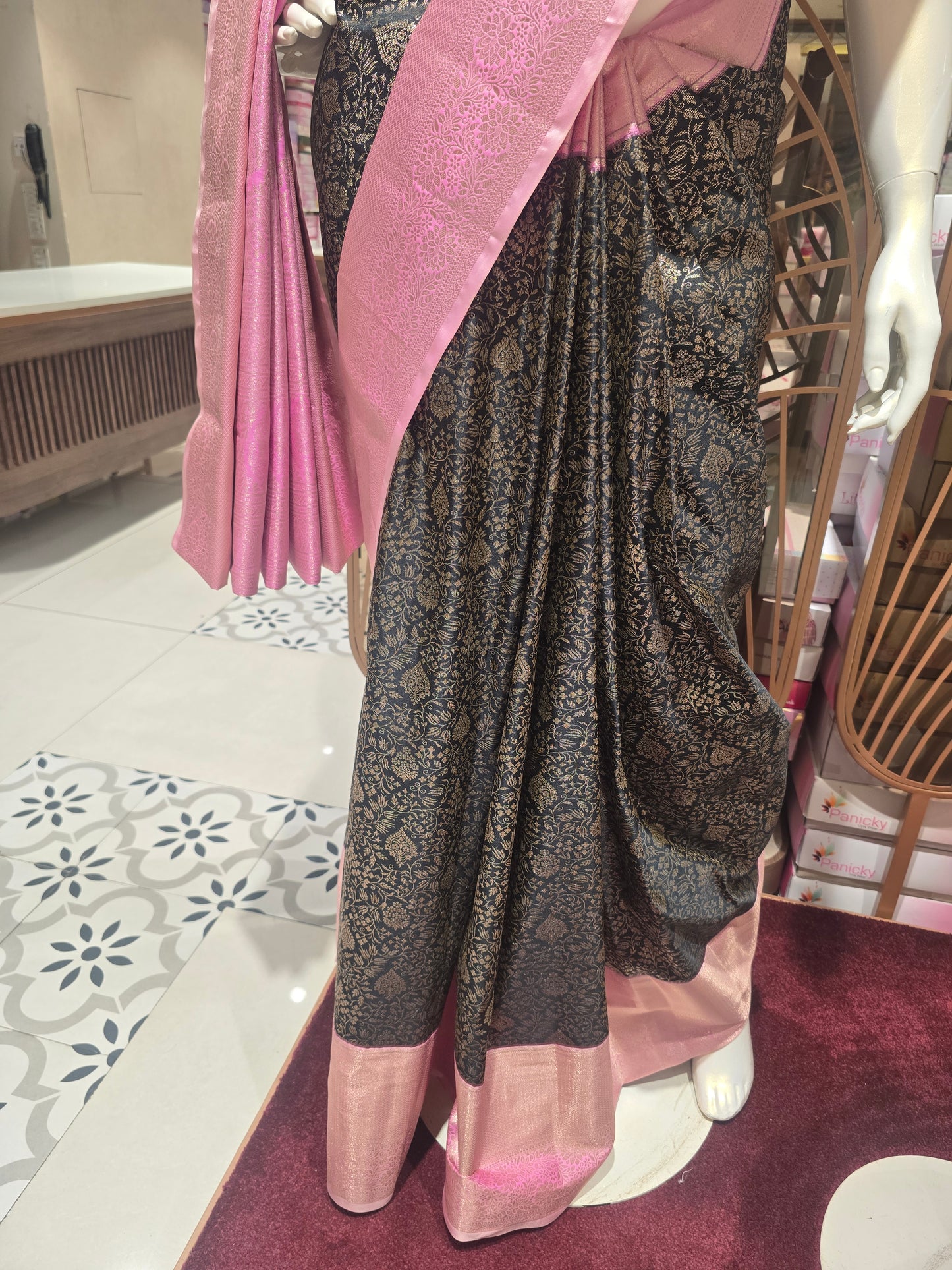 Semi kanjivaram brocade silk saree balck with baby pink