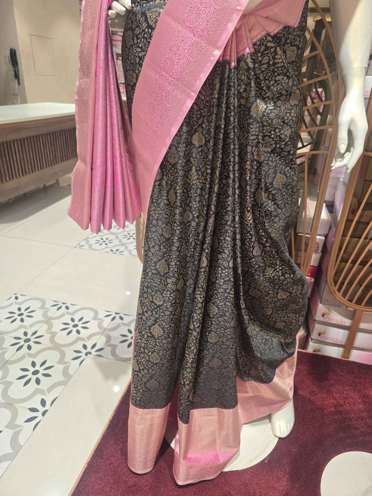 Black Baby Pink Semi Kanjivaram Brocade Silk Saree