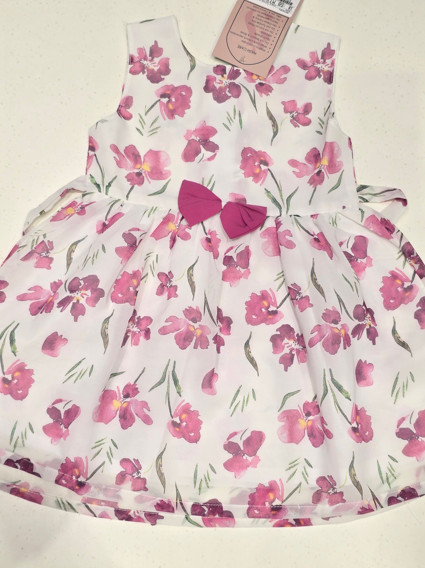 Printed cotton material baby frock with round neck
