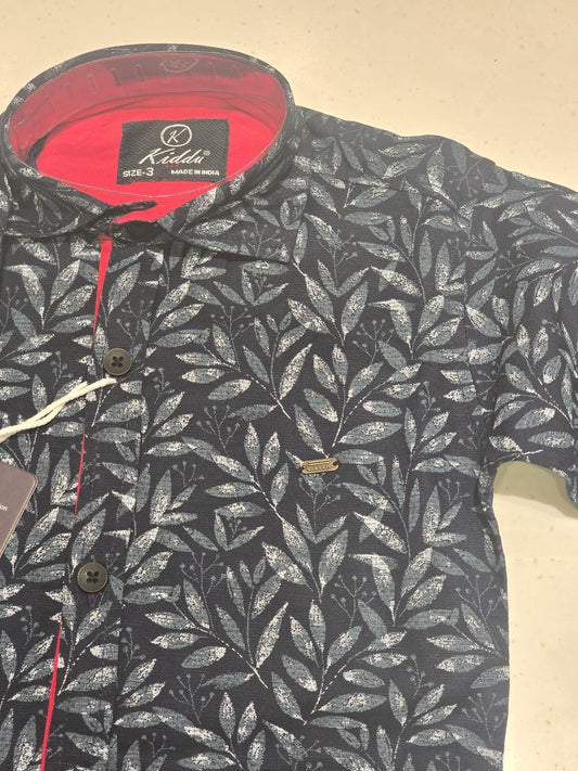 Blue Printed Cotton Shirt with Red Piping for Boys