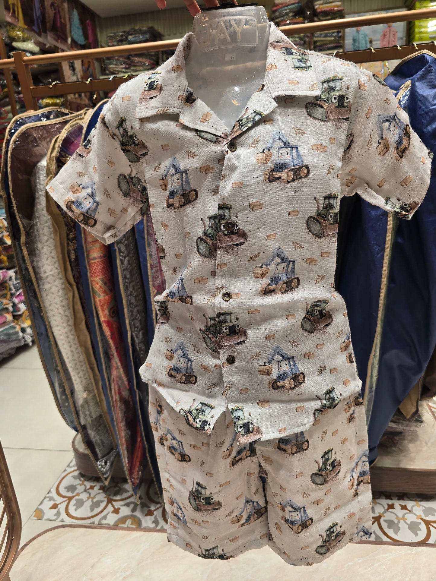 Boys Imported Fabric Capri Set in White Base with Cartoon Vehicle Printed Shirt and Shorts for Summer Casual Wear