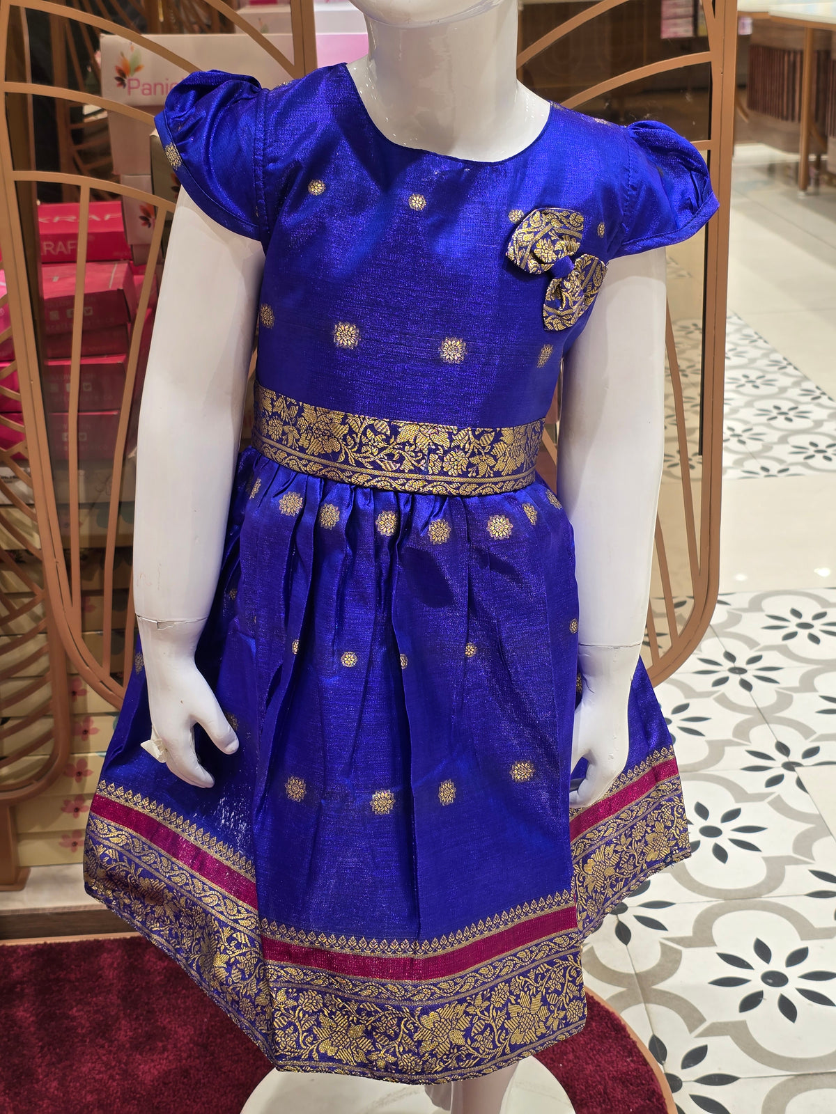 Blue South Indian Pattu Style Cotton Frock for Girls