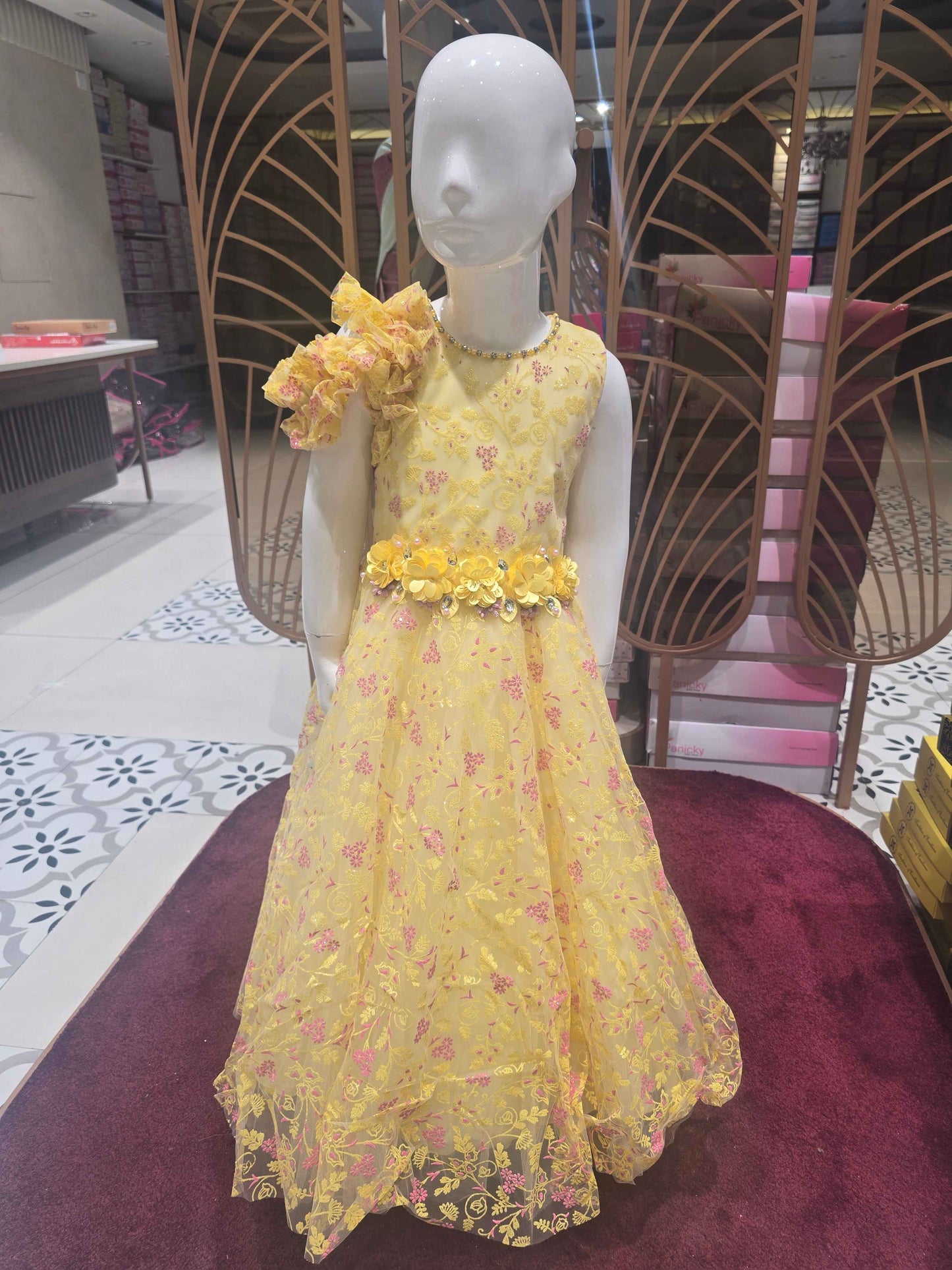 Girls Lemon Yellow Knitted Cold Shoulder Gown
