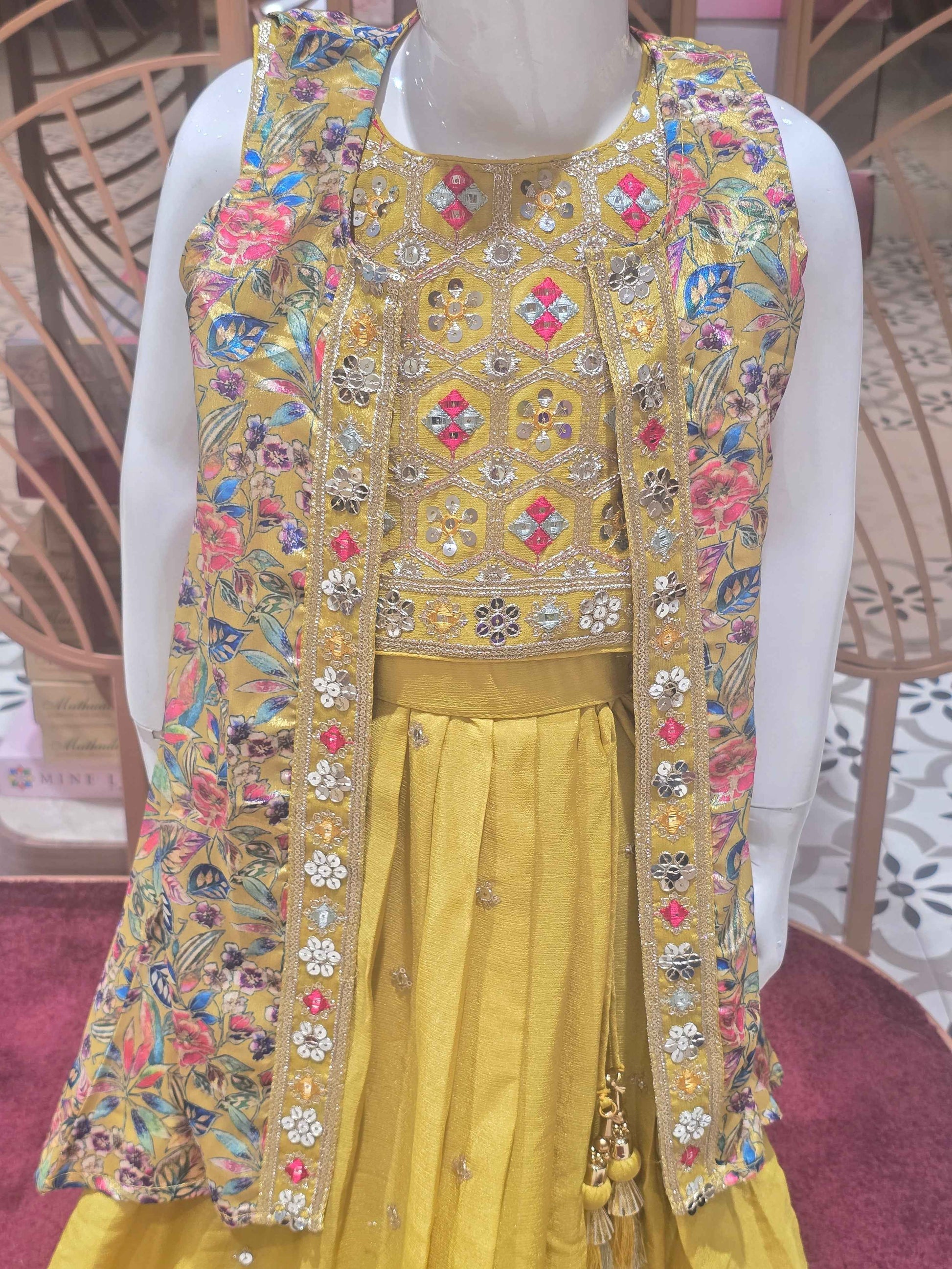 Crepe material mehandi green color ethnic wear with multi color embroidery