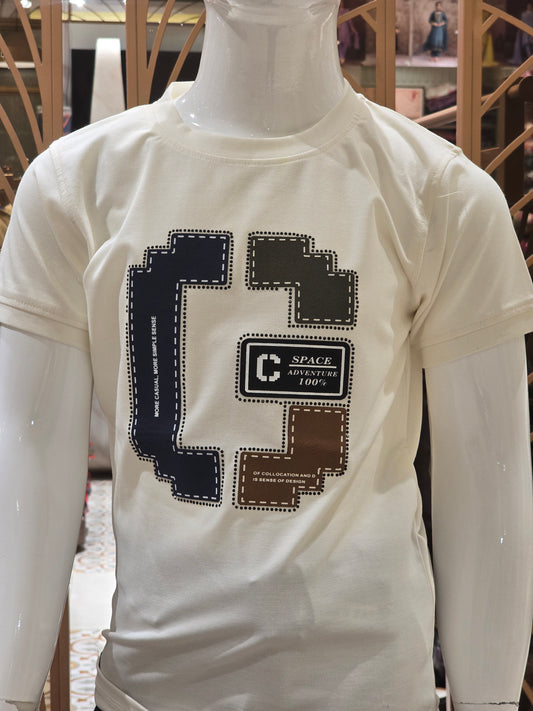 Boys White Lycra Digital Print Round Neck T Shirt