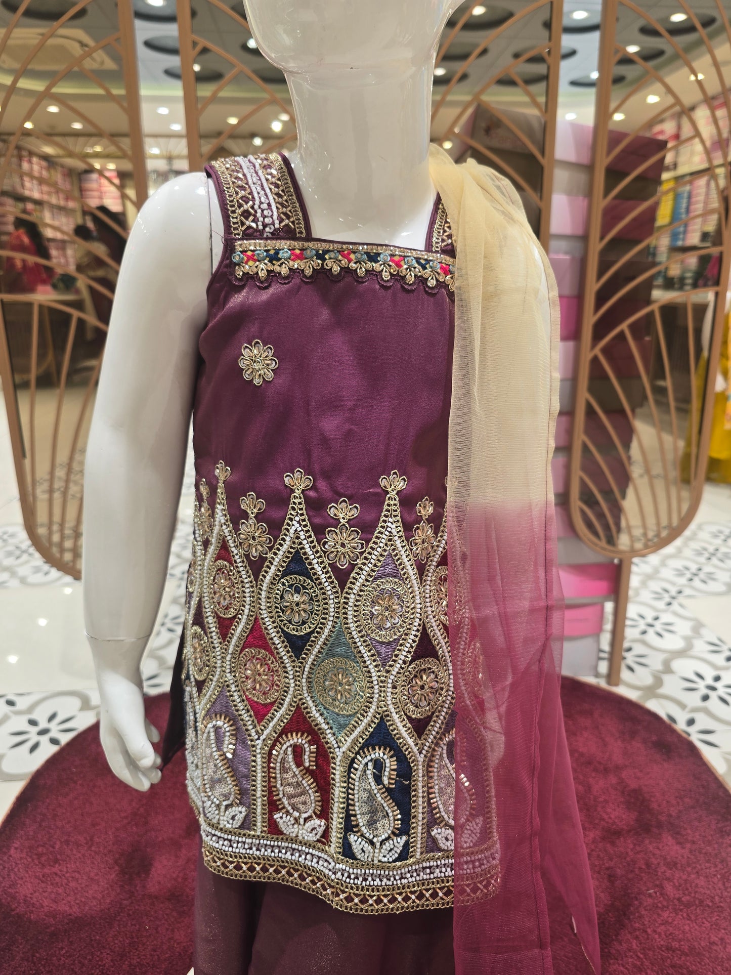 Girls Wine Dual Shade Tissue Sharara Set with Multicolour Embroidery