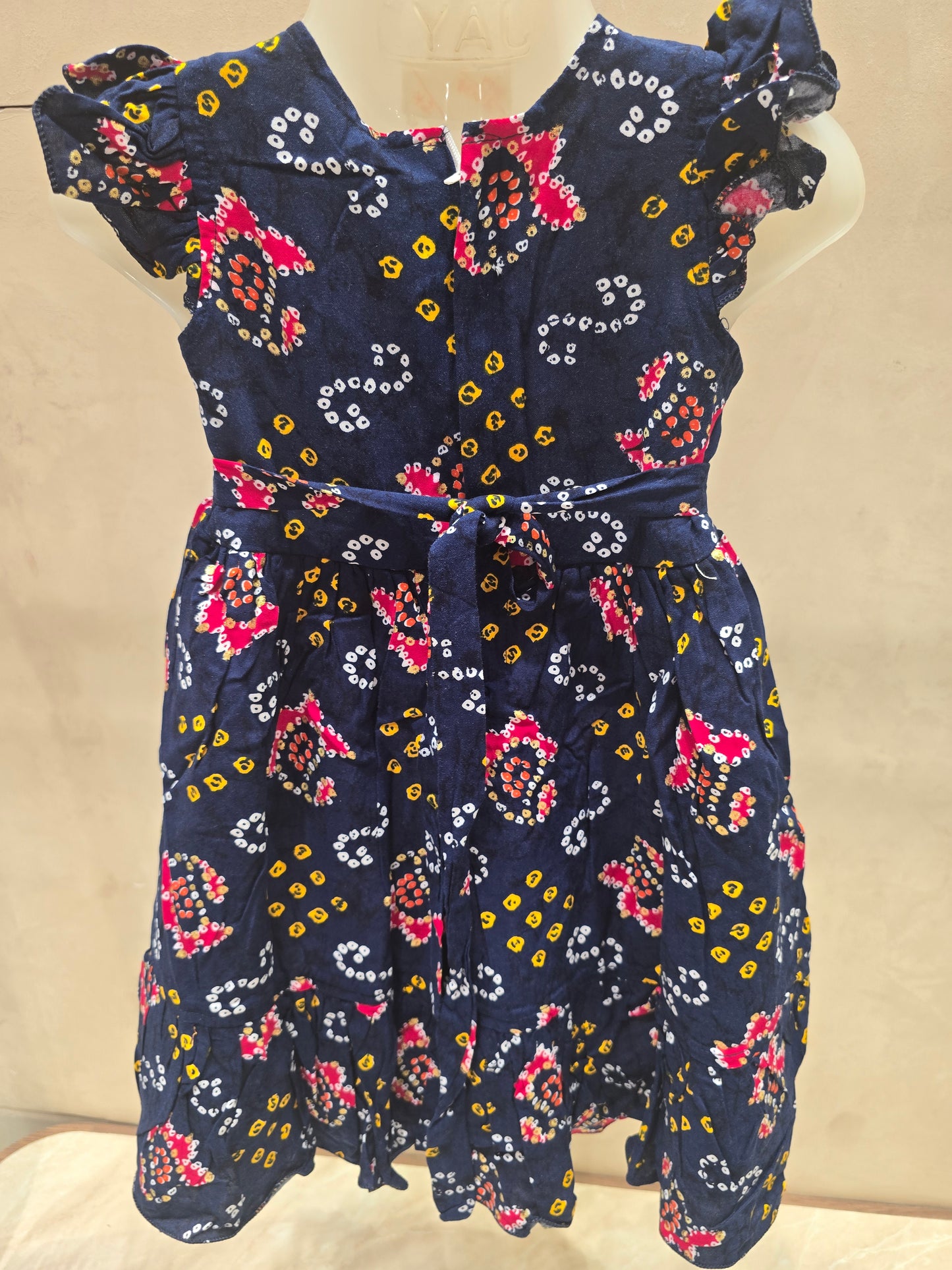 Dark Blue Cotton Shirt Frock with Bandhani Print & Mega Sleeves – Casual Wear for Girls