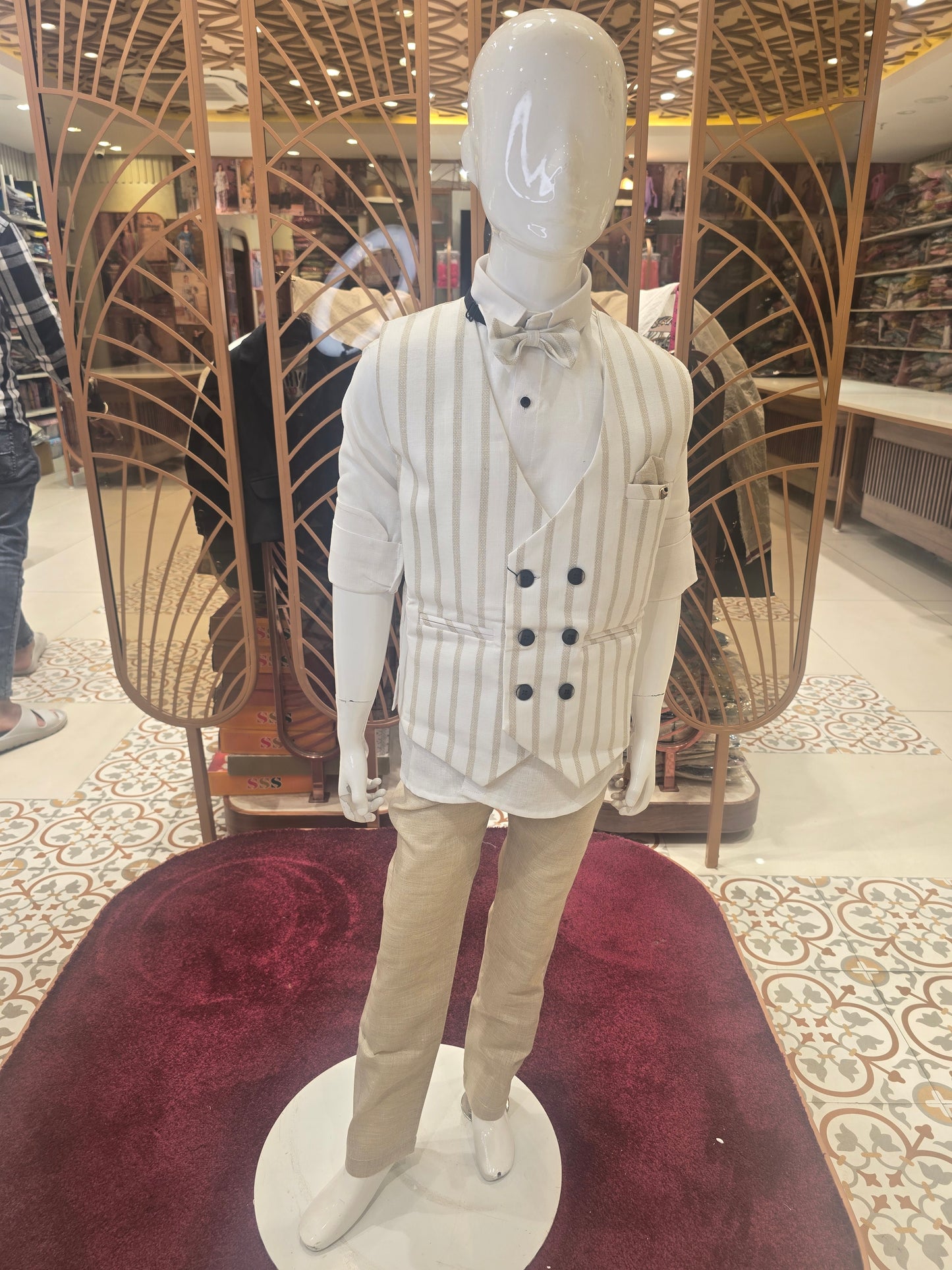 Boys Pure Linen 3 Piece Summer Wear Set with White Shirt, Half White Vertical Line Coat, Elastic Bow and Cream Denim Jeans for Party and Occasion Wear