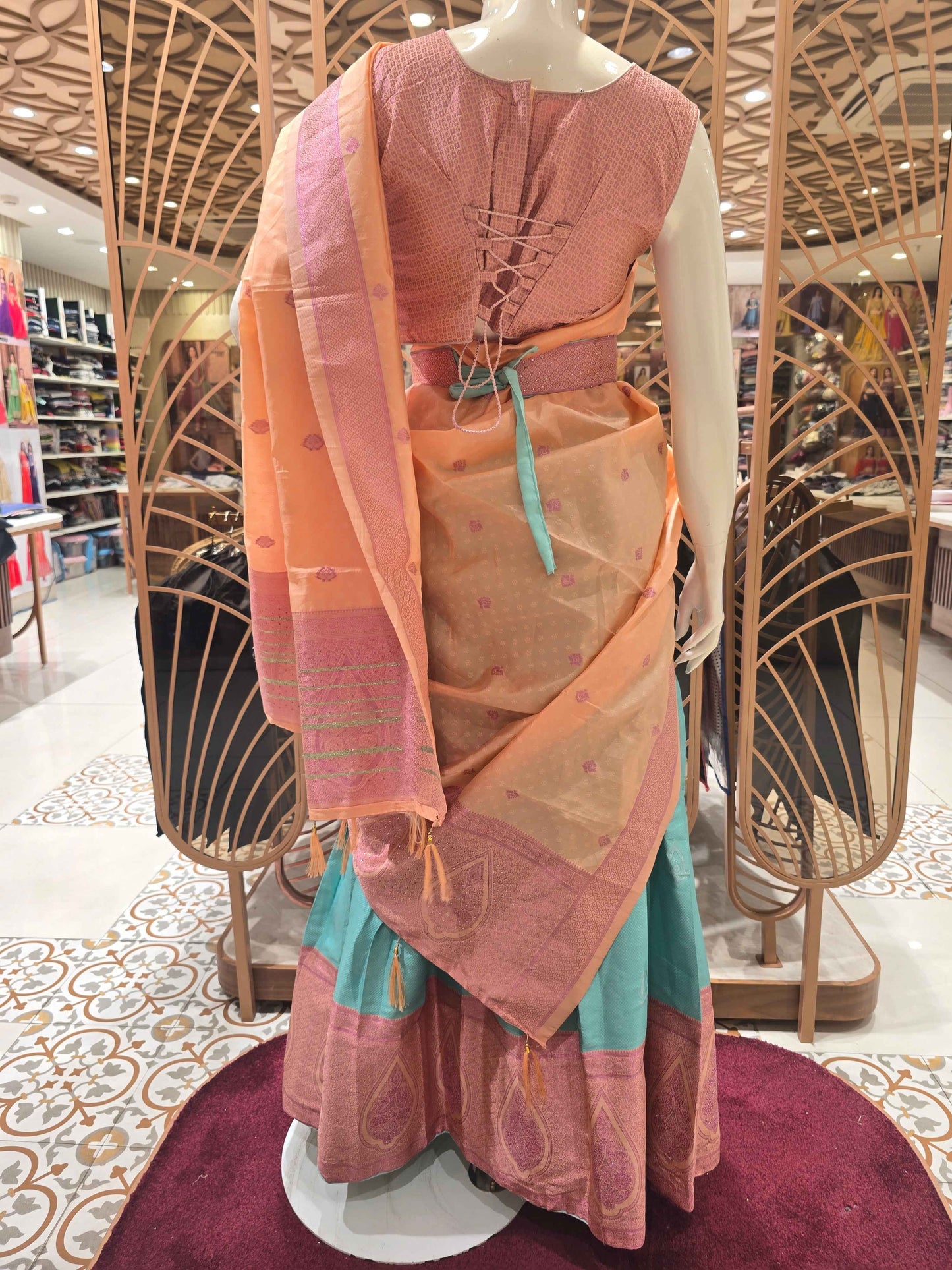 Semi silk material peach with sky blue colour traditional lehenga for women
