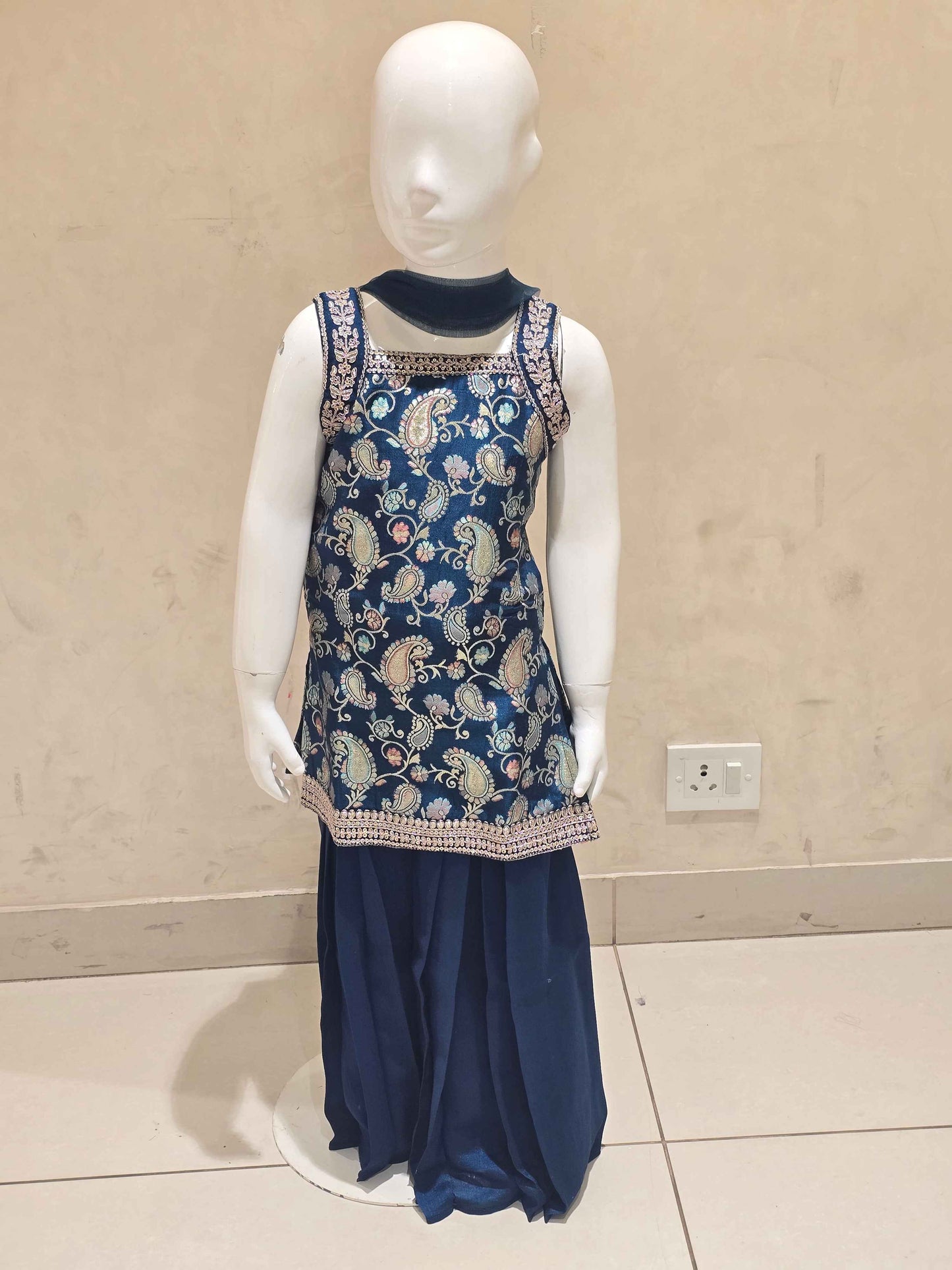 Printed crepe material teel blue colour sharara set for girl