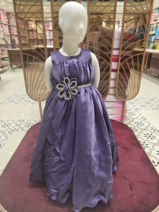Purple Crepe Party Gown with Unique Flower Waist Design, Half-Sleeve Look – Elegant Party Wear for Girls (Age 5, Size 24)