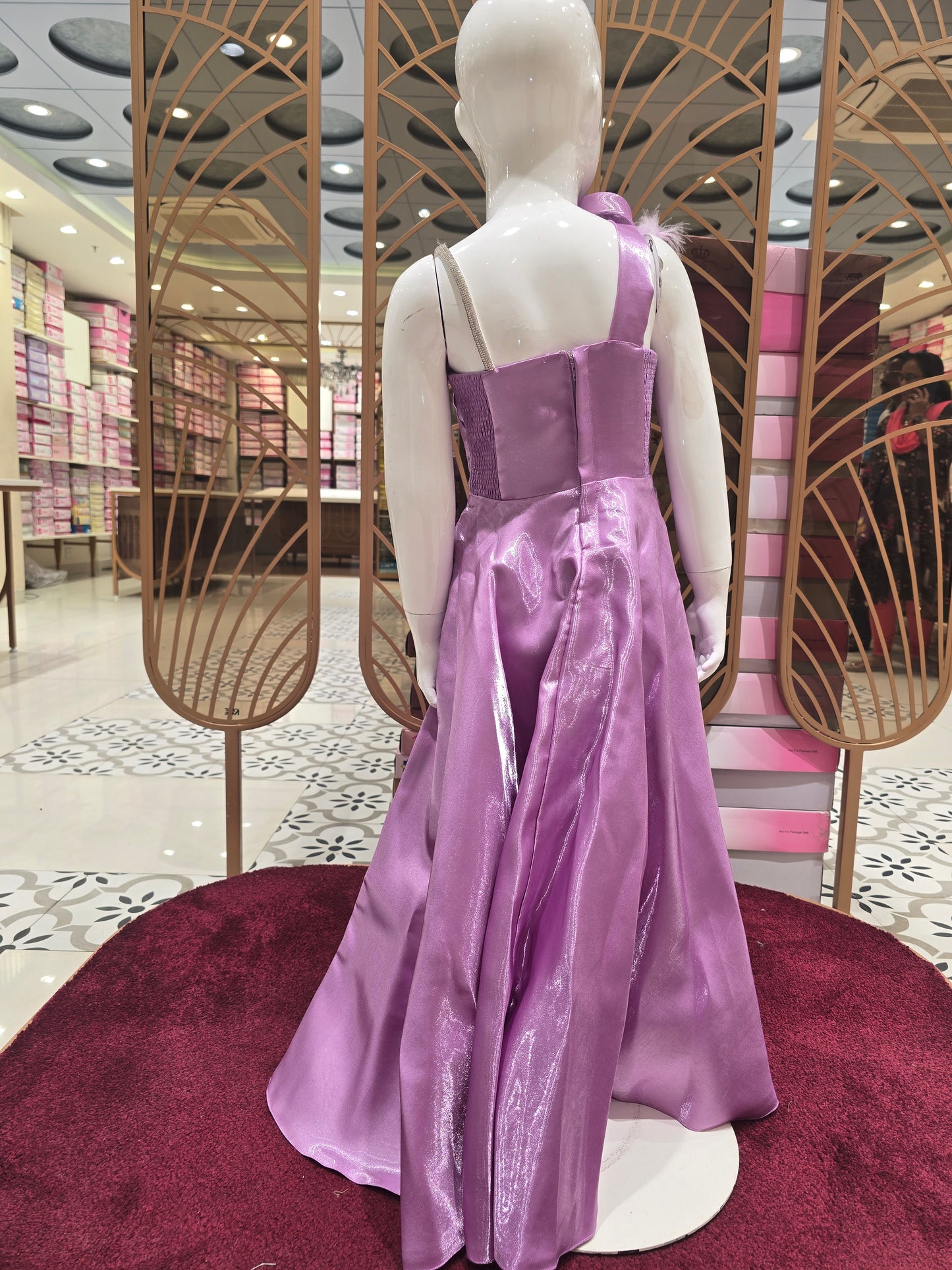 Satin material western gown for girl with Spaghetti Strap Design, Full Sleeve Inner and Stone Waist Belt and detachable flower bow