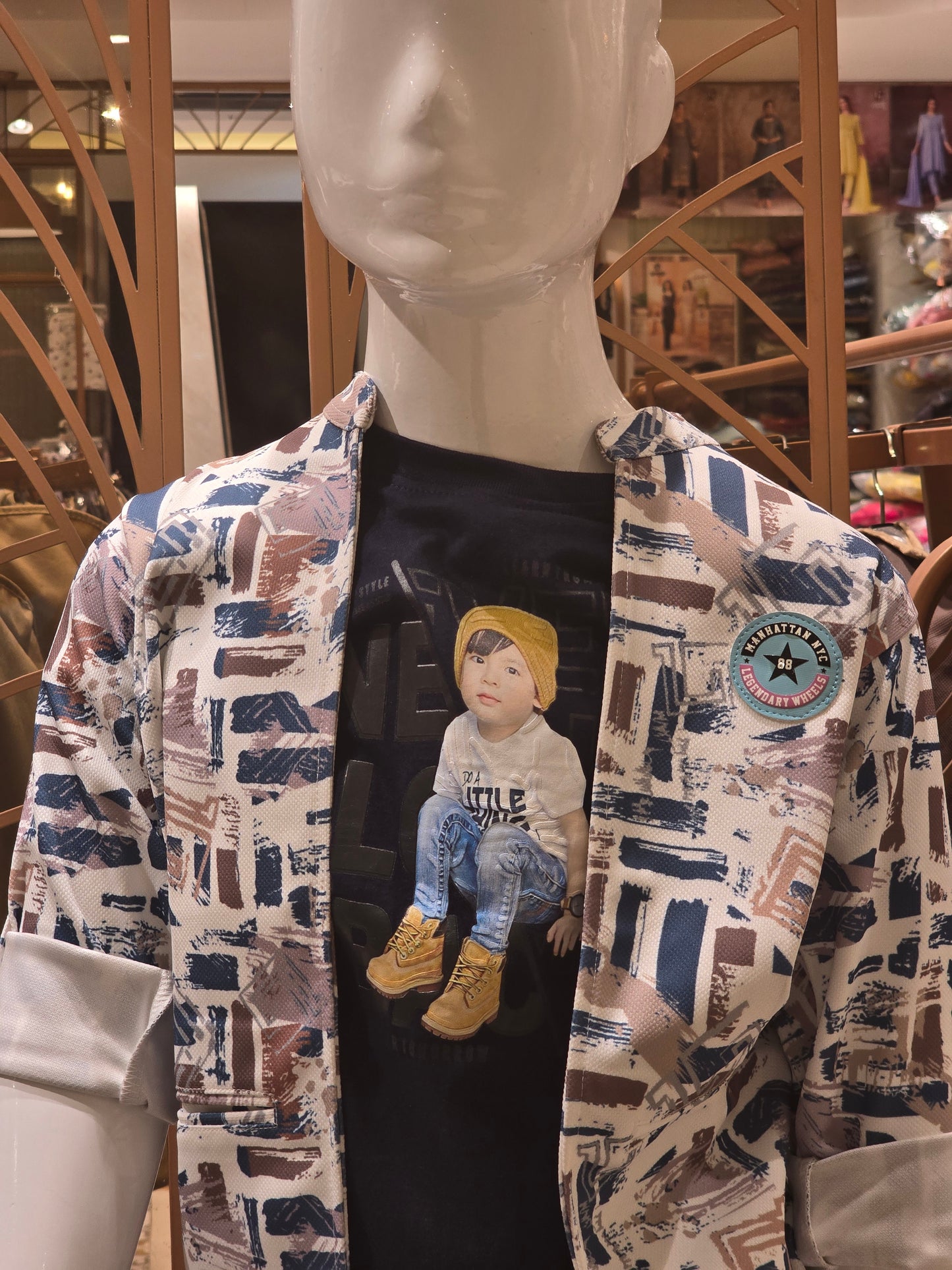 Blue Printed Lycra Cotton Shrug Set for Boys