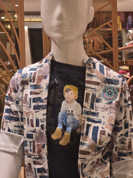 Blue Printed Lycra Cotton Shrug Set for Boys