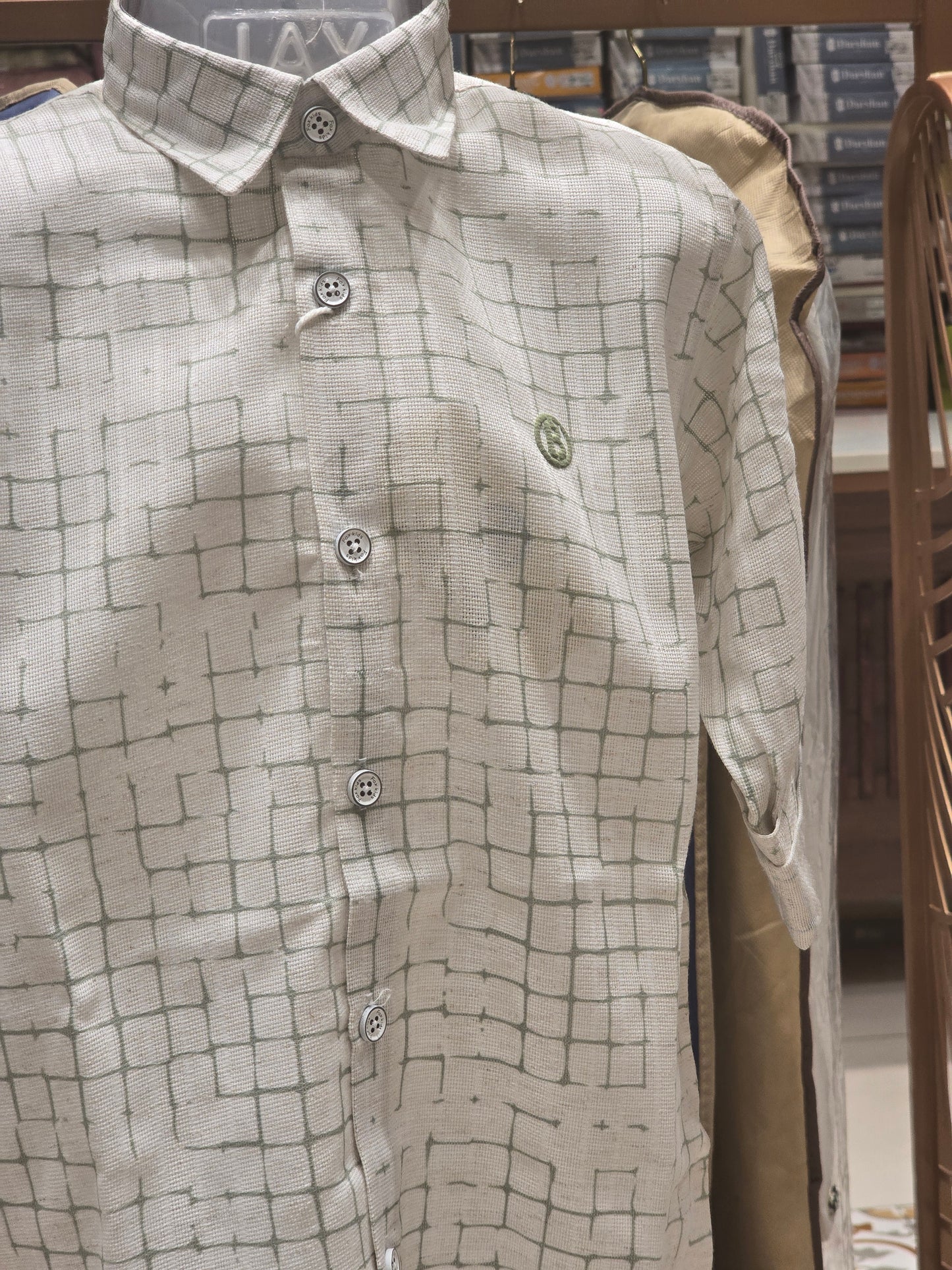 Boy White Green Checked Linen Cotton Shirt