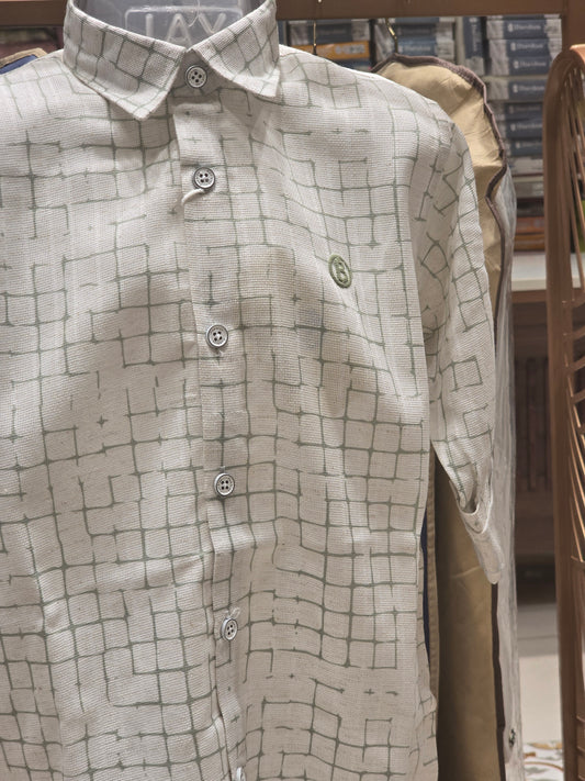 Boy White Green Checked Linen Cotton Shirt
