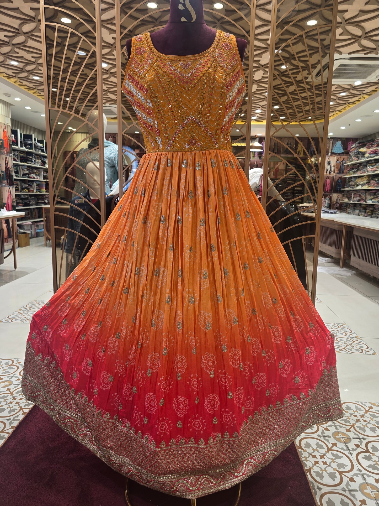 Women’s Tissue Bandhini Traditional Wear Gown in Sky Blue with Sequins, Thread and Mirror Embroidery Work for Festive and Wedding Occasions