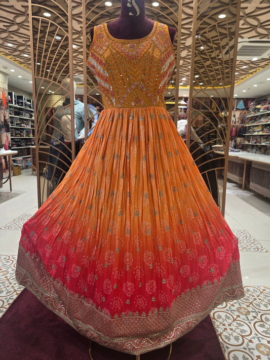 Women’s Tissue Bandhini Traditional Wear Gown in Sky Blue with Sequins, Thread and Mirror Embroidery Work for Festive and Wedding Occasions