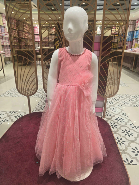 Doted Glitter Knitted material peach coloured bushi gowns with beats work on neck and flower design on waist