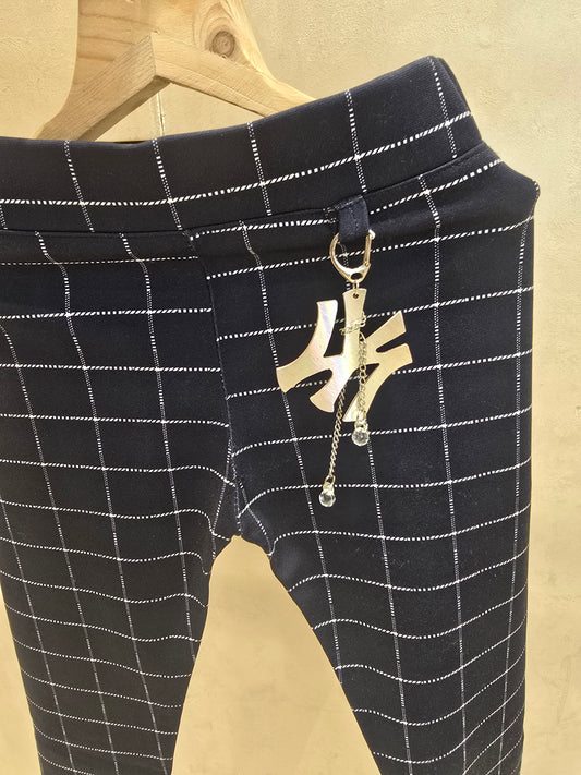 Girls Lycra Cotton Stretchable Jeggings in Dark Blue with Checked Pattern for Summer Casual Wear