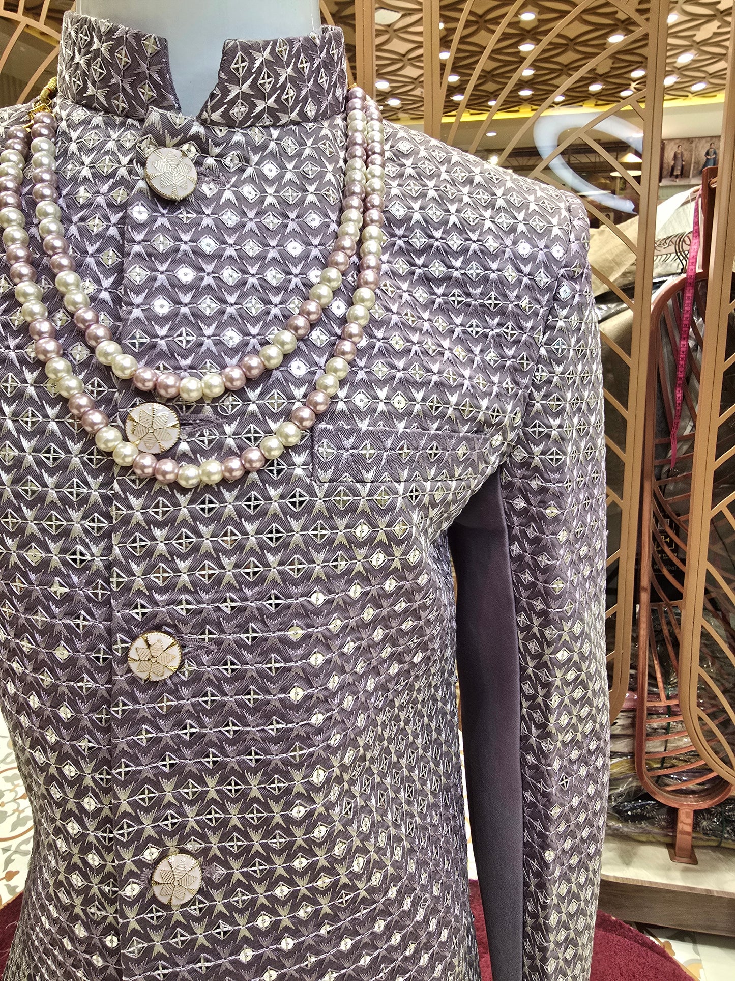 Lavender Tuton Fabric Indo Western Set with Sequin Embroidery, Traditional Buttons & Maala Accessory