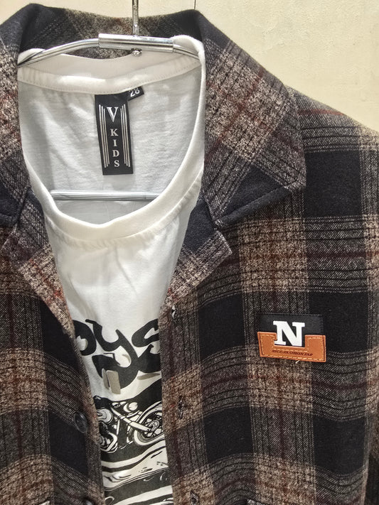 Corduroy Jute Checkered Shrug with Full Folding Buttons, Dual Pockets & White Printed Inner T-Shirt (Age 7–8)