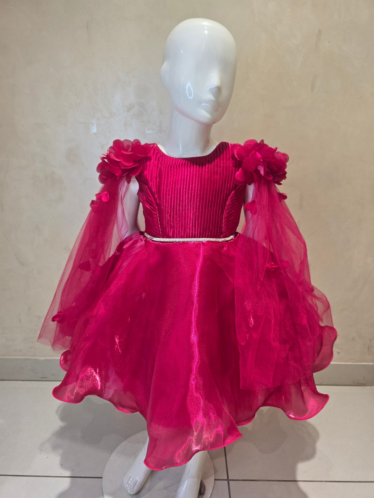 Girls Satin Party Wear Short Frock in Cherry Color with Net Open Sleeves Floral Design and Stone Attached Waist Belt for Special Occasions